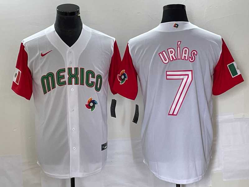 Men's Mexico Baseball #7 Julio Urias Number 2023 White Red World Classic Stitched Jersey 47